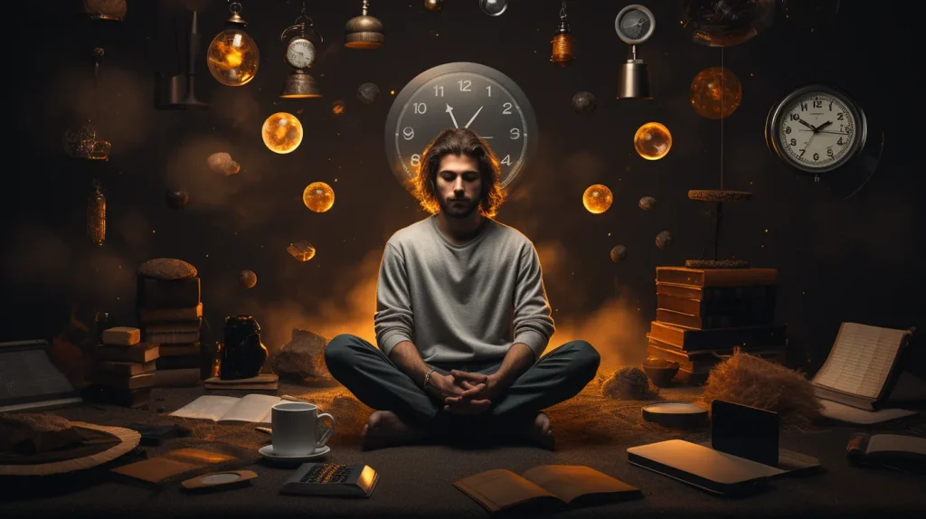 mężczyzna z ADHD medytuje w pozycji lotosu na tle zegara, abstrakcyjne otoczenie