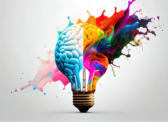 ilustracja predstawiająca żarówkę, która jest podzielona jak półkule mózgu, lewa jest podobna do mózgu a prawa bardziej kreatywna - wytryskuje z niej farba symbolizująca kreatywność