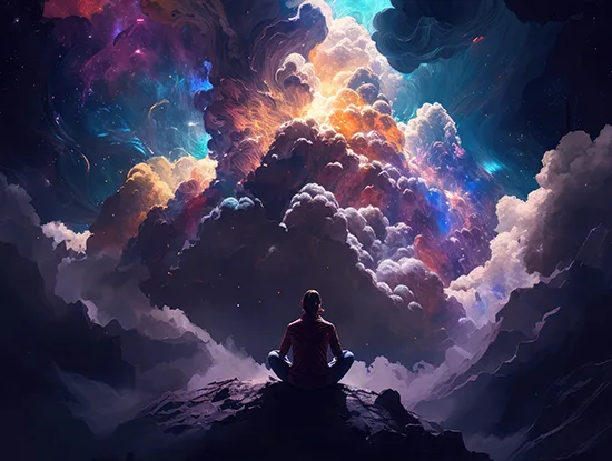 osoba z ADHD medytująca nad krawędzią skały, przed nią kolorowe abstrakcyjne niebo